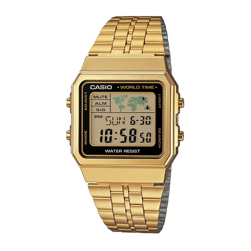 Gold-toned digital Casio wristwatch with a square face and metal bracelet.
