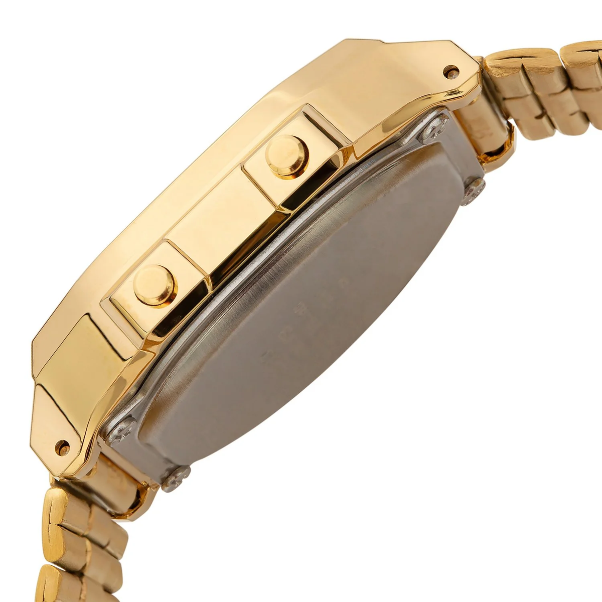 Casio A168WG-9W angled side view of the gold-tone case