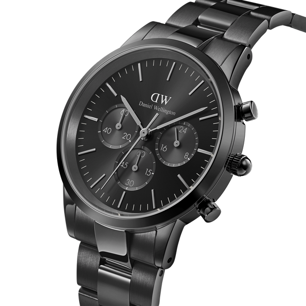 Sleek black chronograph wristwatch with a metal bracelet.