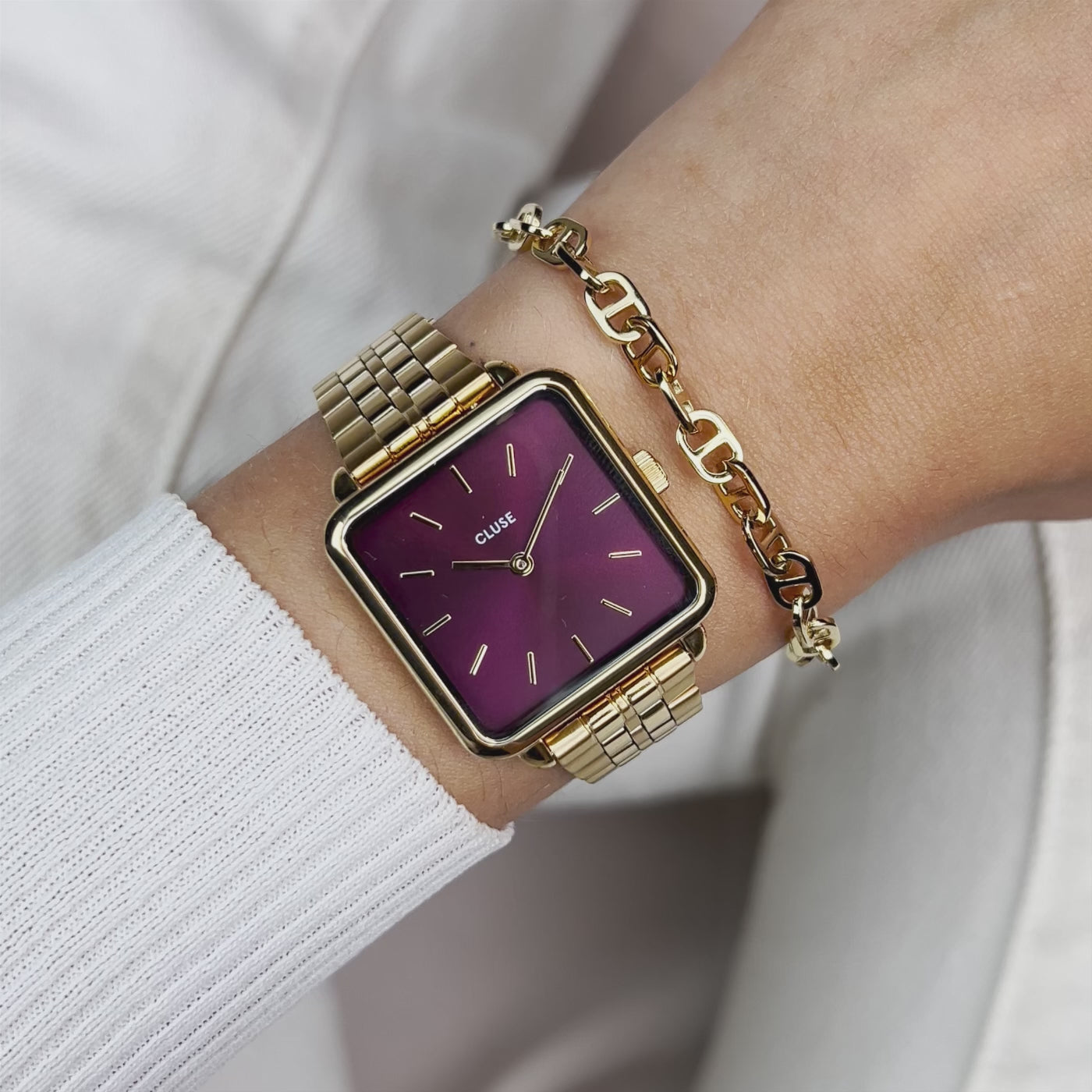 CLUSE La Tetragone Gold Dark Cherry Link Watch CW10312