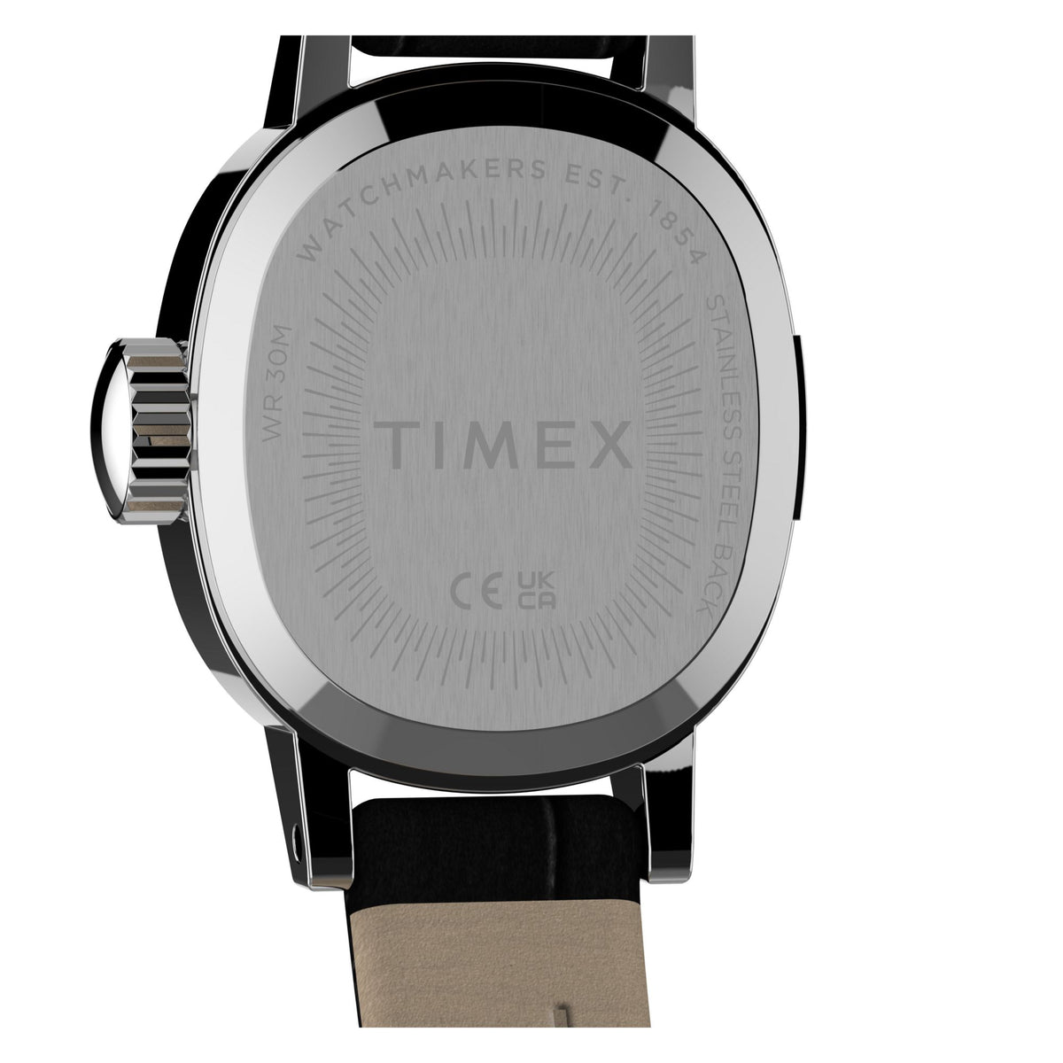 Timex Cavatina Mini TW2Y87800 white dial on a black leather strap, caseback
