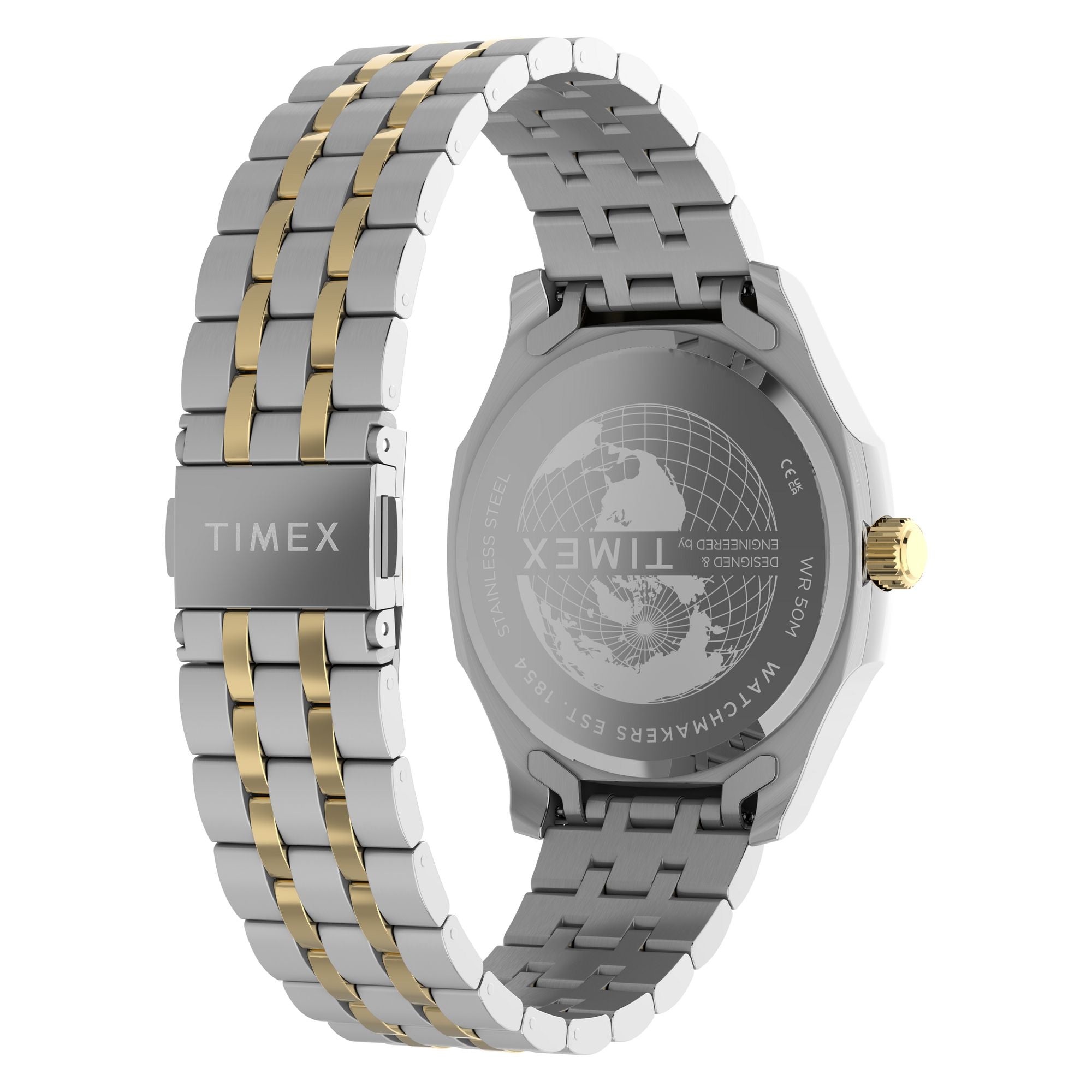 Timex TW2Y91400 green ribbed dial on a two-tone bracelet, rear three-quarter