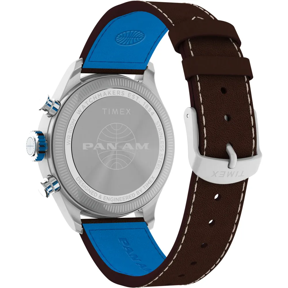 Timex x Pan Am Waterbury Chronograph Silver Dial and Brown Leather Strap Watch TW2Y38700