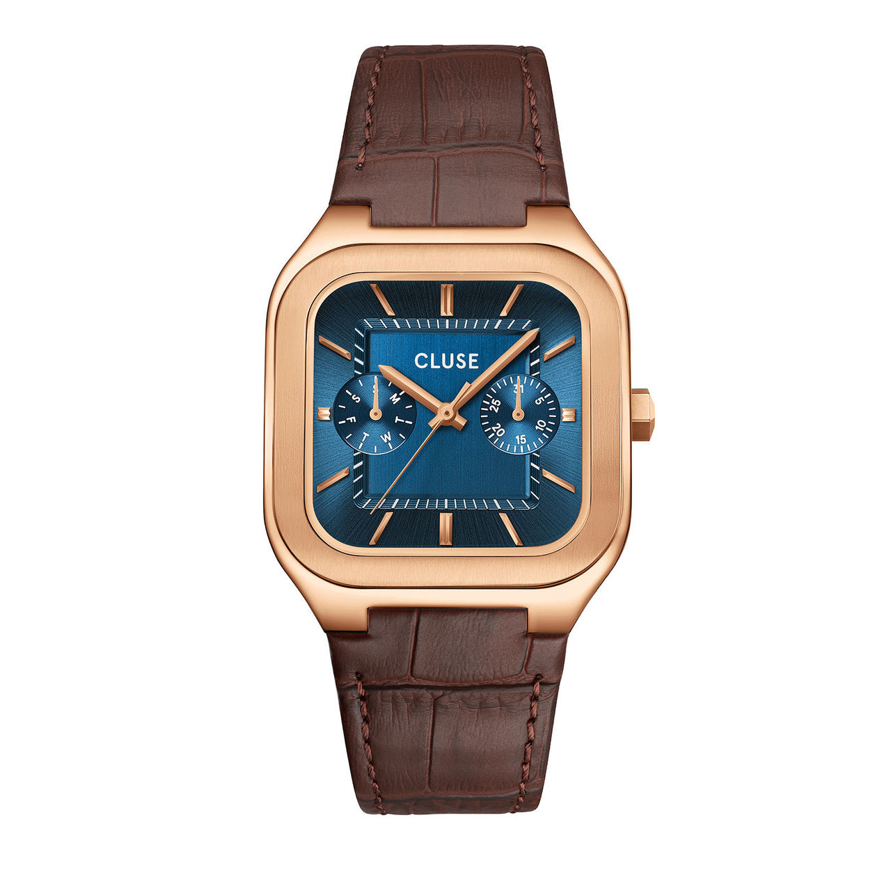 CLUSE Quadrus Multifunction Brown Leather Band Blue Dial Rose Gold Men's Watch CW26204