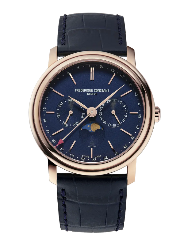 Luxury wristwatch with a blue dial, rose gold case, and navy leather strap.