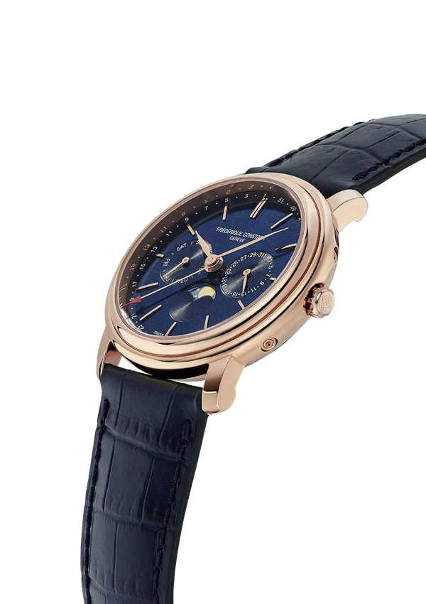 Elegant wristwatch with a blue dial and rose gold case on a navy leather strap.