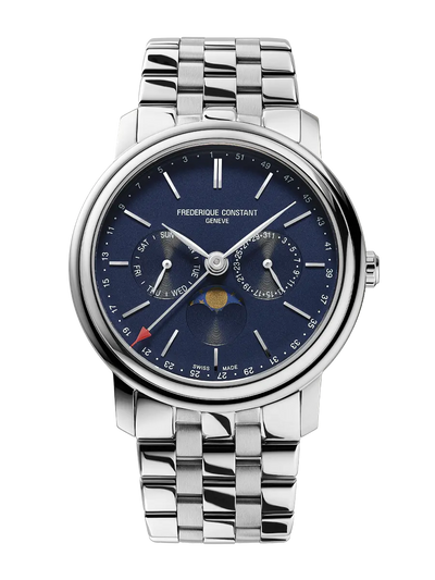 Luxury wristwatch with a blue dial and stainless steel bracelet.