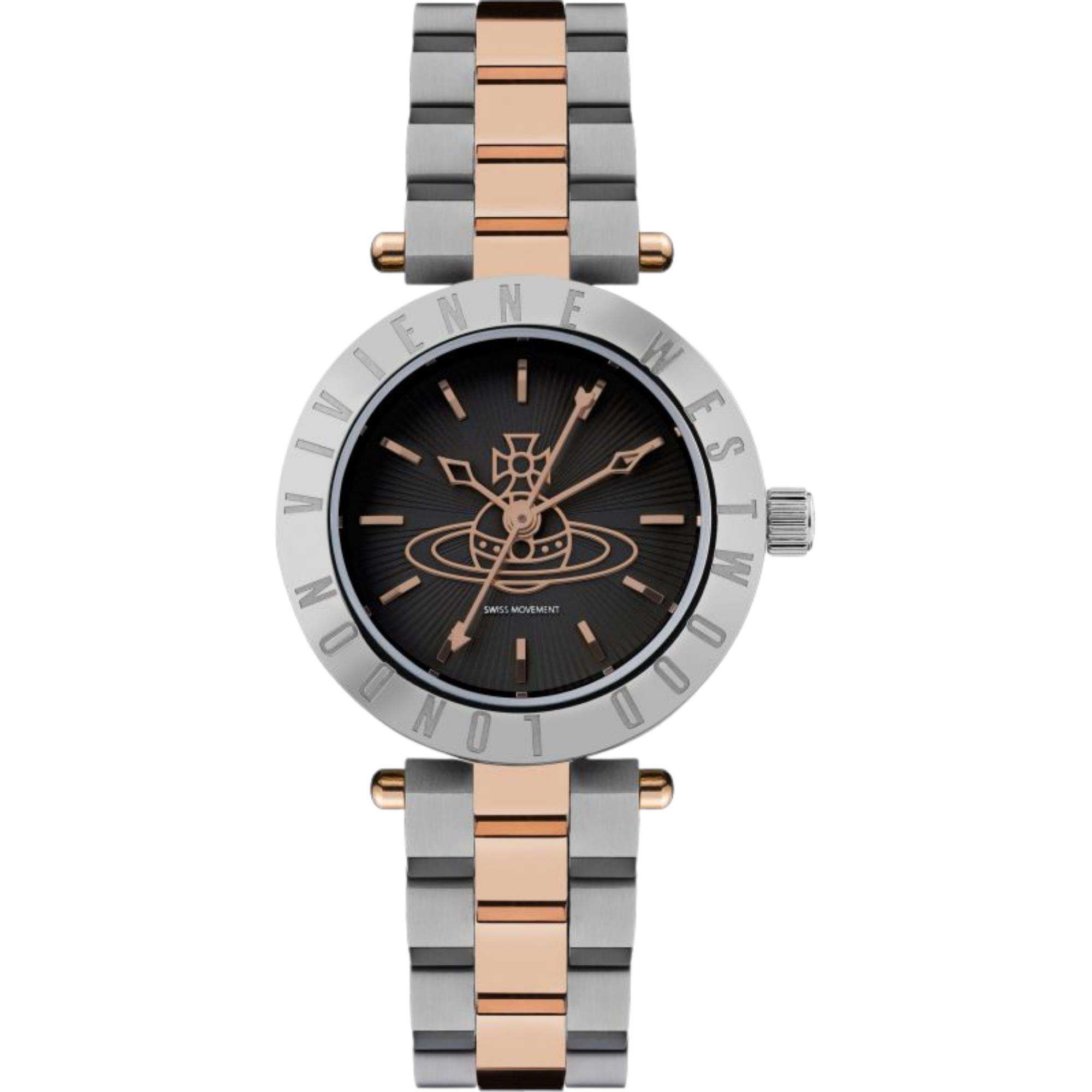 Vivienne Westwood Westbourne women's watch with a black dial and two tone stainless steel bracelet.