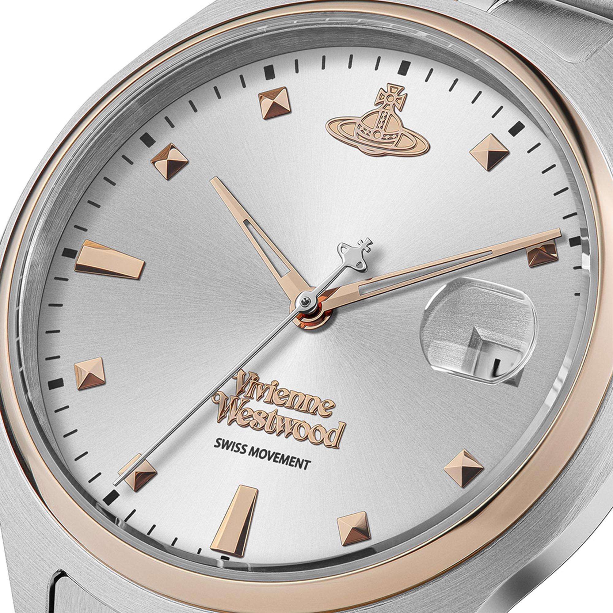 Vivienne Westwood Camberwell women's watch with a silver dial and two tone stainless steel bracelet. Side profile view.