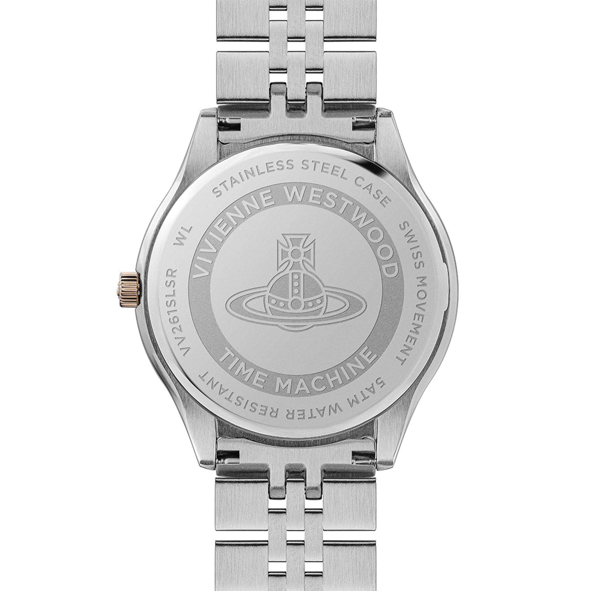 Vivienne Westwood Camberwell women's watch with a silver dial and two tone stainless steel bracelet. Clasp and case back detail.
