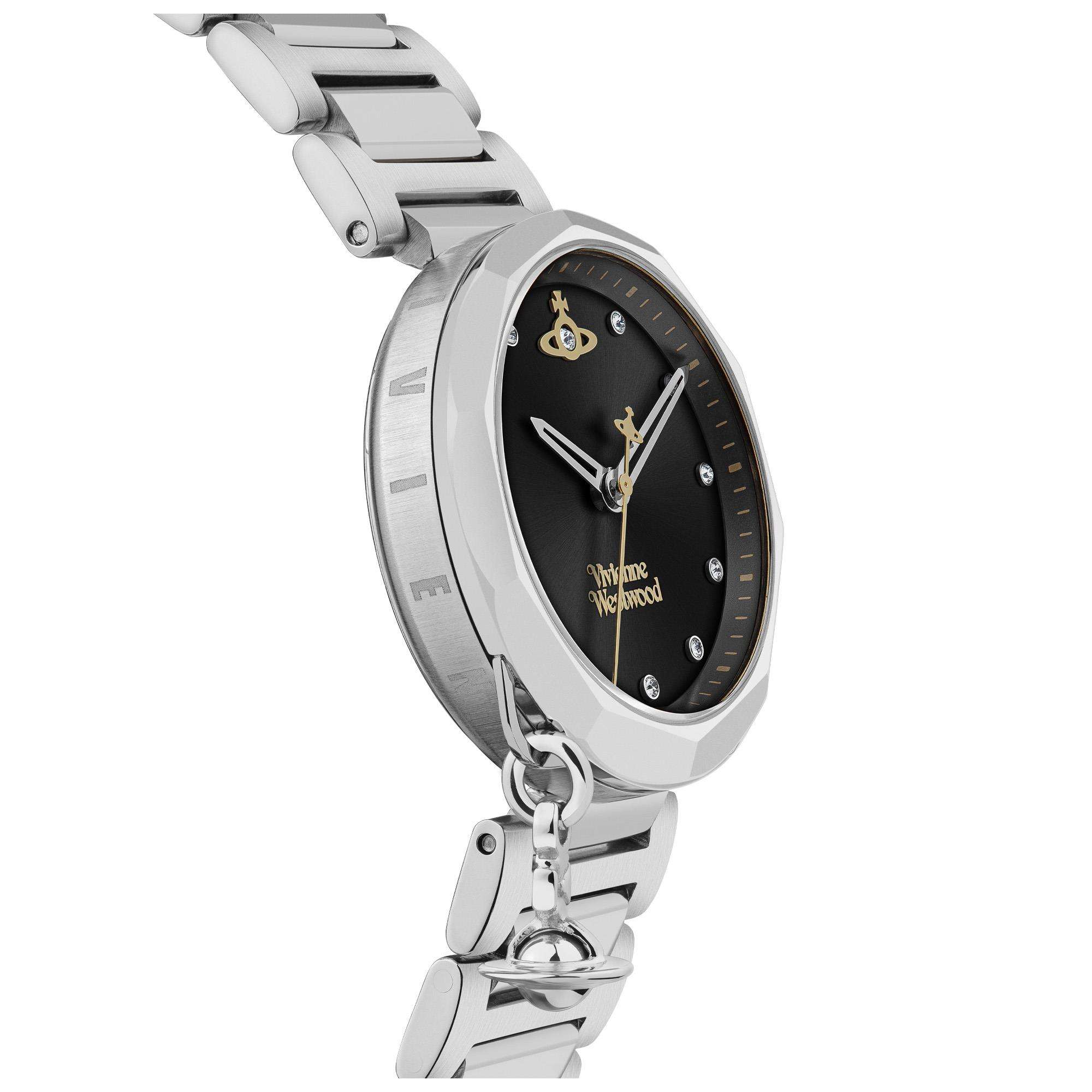 Vivienne Westwood Poplar women's watch with a black dial and silver stainless steel bracelet. Side profile view.