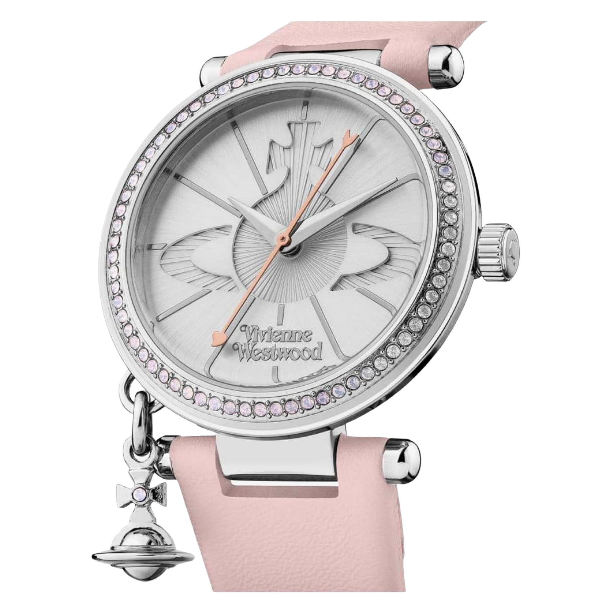 Vivienne Westwood Orb Pastelle women's watch with a silver dial and pink leather strap. Shown at an angle.