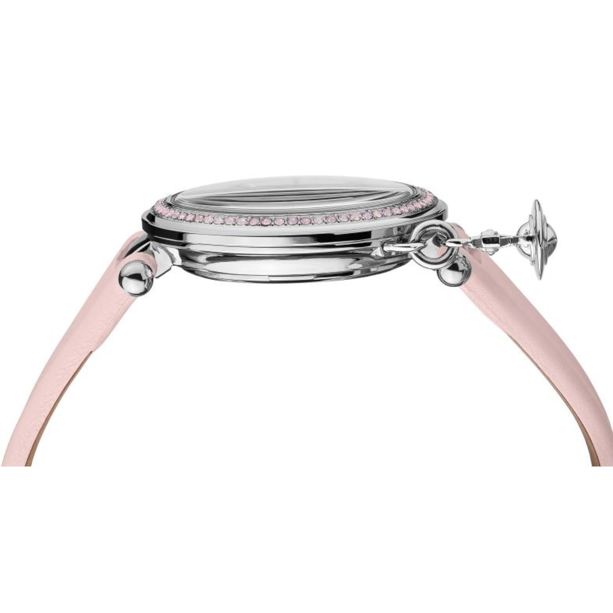 Vivienne Westwood Orb Pastelle women's watch with a silver dial and pink leather strap. Close-up detail view.