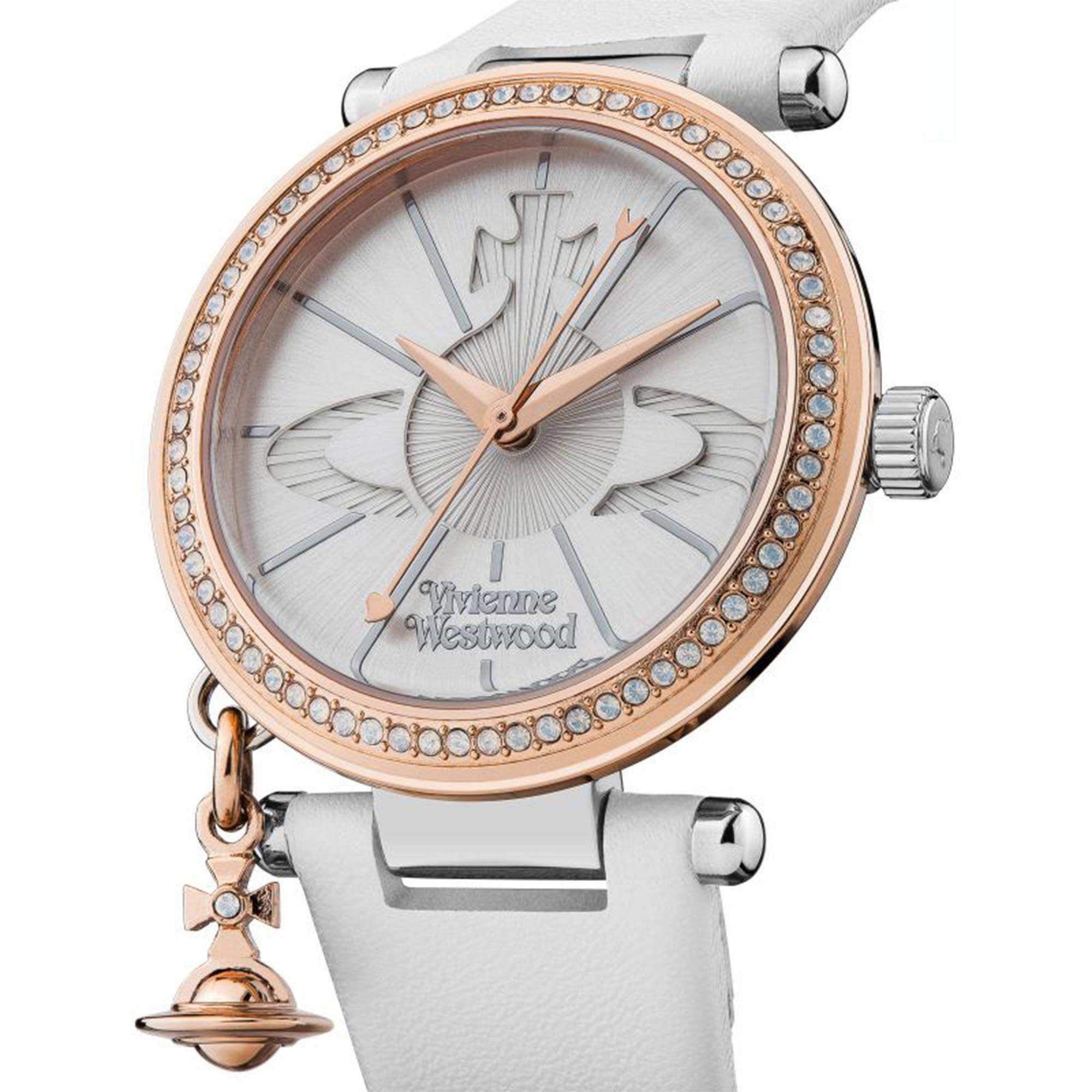 Vivienne Westwood Orb women's watch with a silver dial and white leather strap. Shown at an angle.
