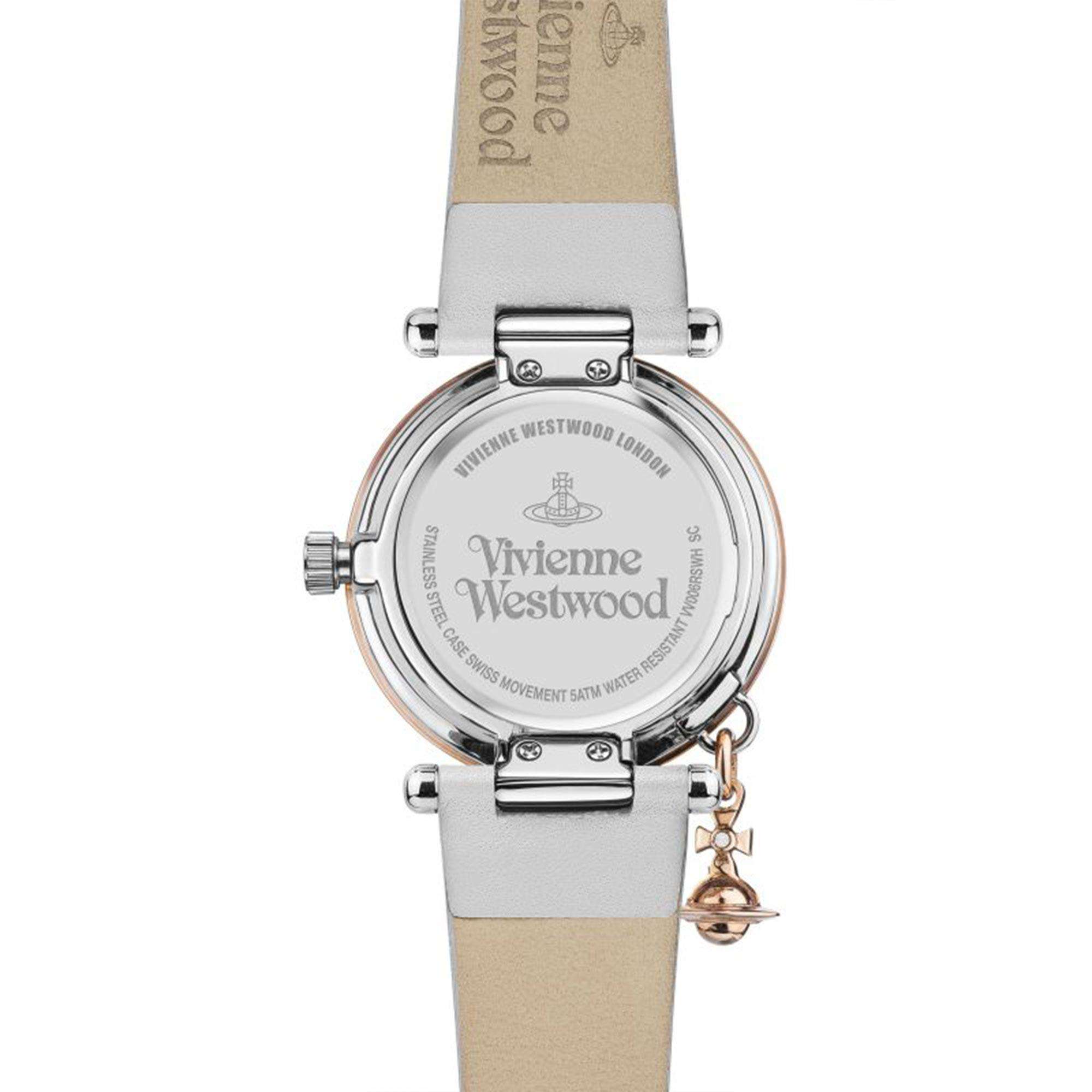 Vivienne Westwood Orb women's watch with a silver dial and white leather strap. Side profile view.