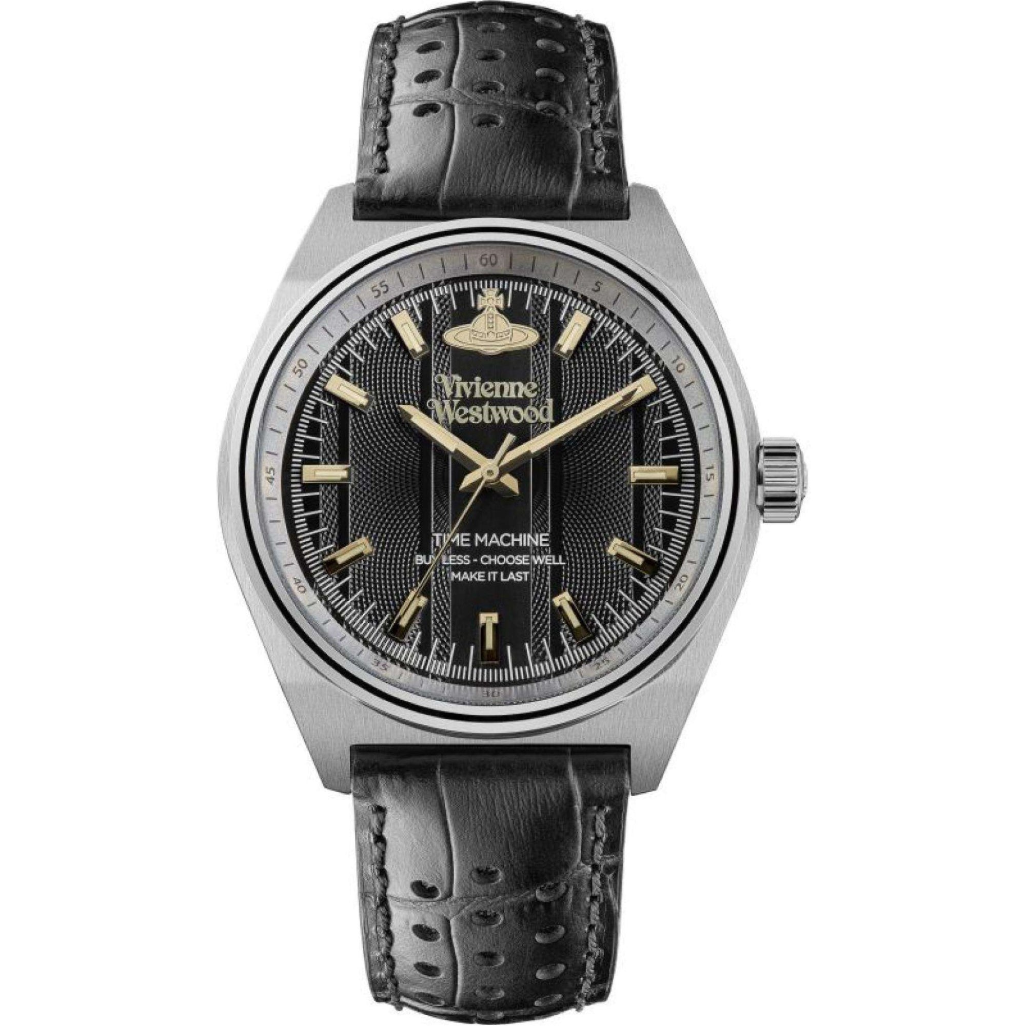 Vivienne Westwood Sydenham men's watch with a black dial and black leather strap.