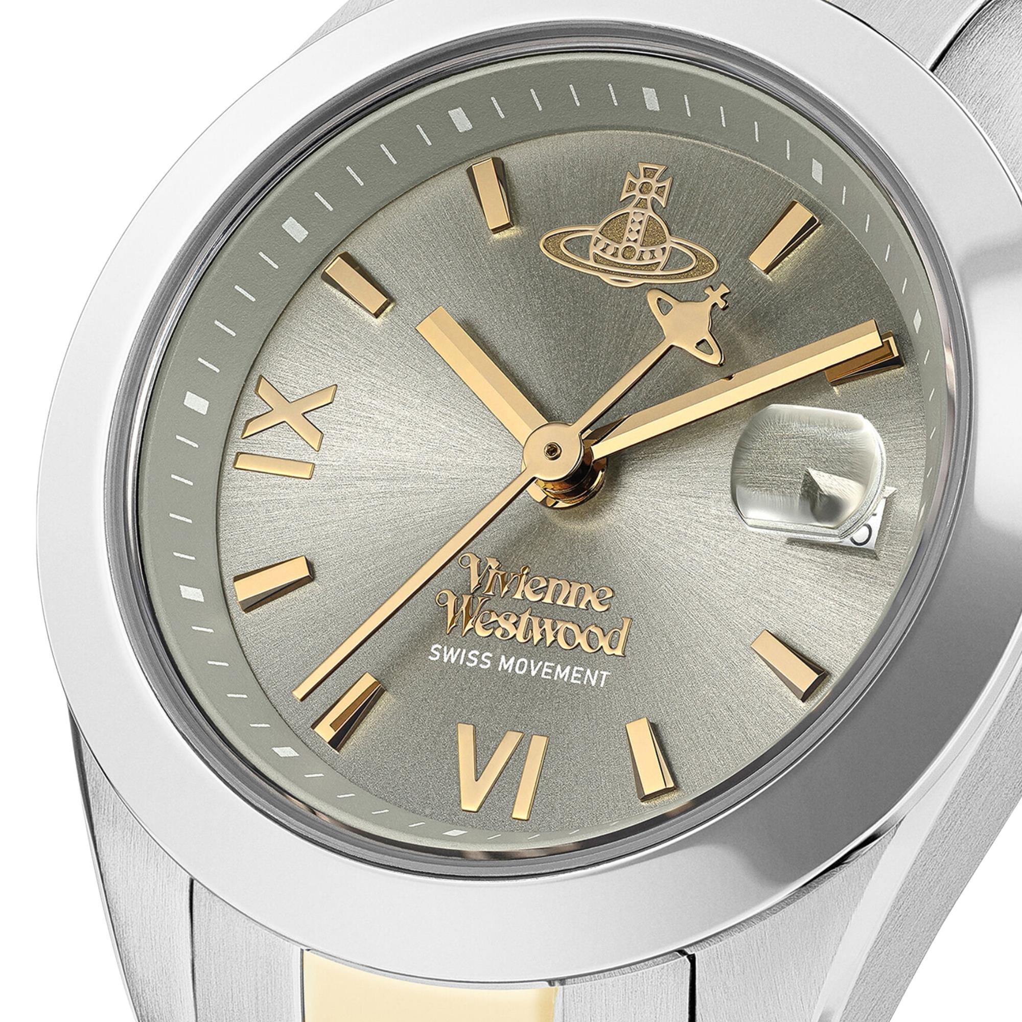 Vivienne Westwood Fenchurch women's watch with a grey dial and two tone stainless steel bracelet. Close-up detail view.