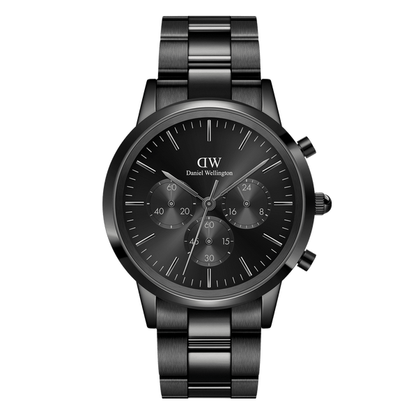 Black stainless steel chronograph wristwatch with a dark dial and multiple subdials.