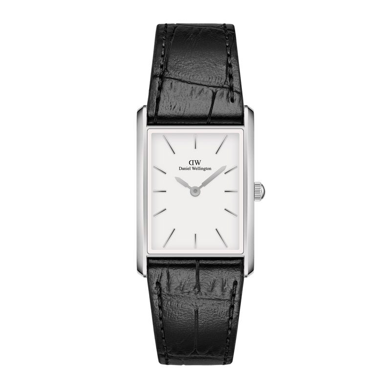 Rectangular silver wristwatch with a white face and black leather strap.