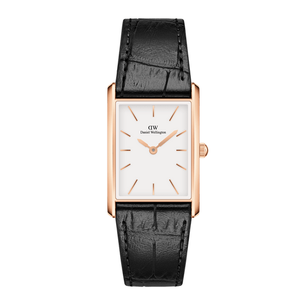 Rectangular rose gold wristwatch with a white face and black leather strap.