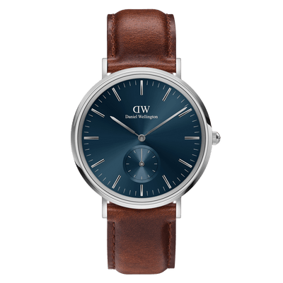 Wristwatch with a blue dial face and brown leather strap.