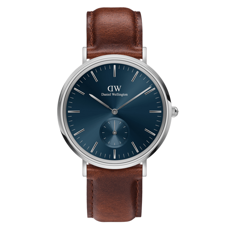 Wristwatch with a blue dial face and brown leather strap.