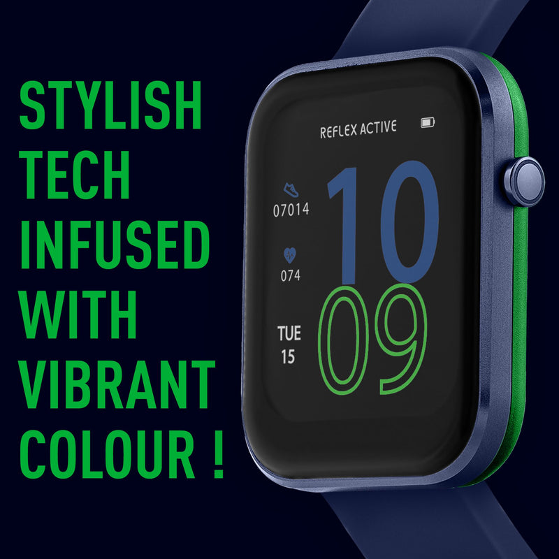 Smartwatch with a black square display and bright green accents.