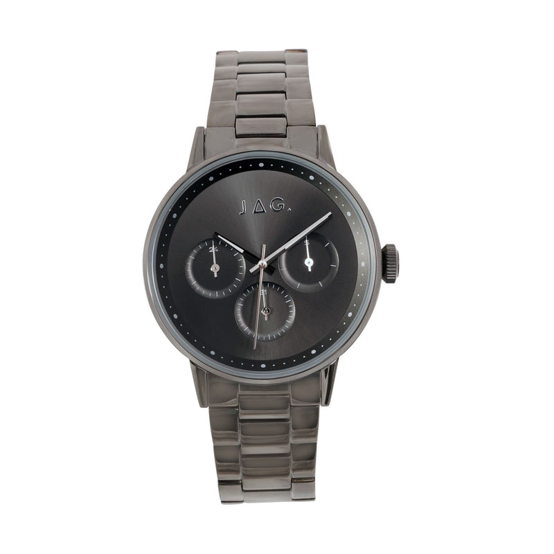 Sleek gunmetal gray wristwatch with a chronograph dial and metal bracelet.