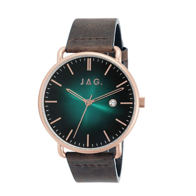 Wristwatch with a green dial, rose gold case, and brown leather strap.