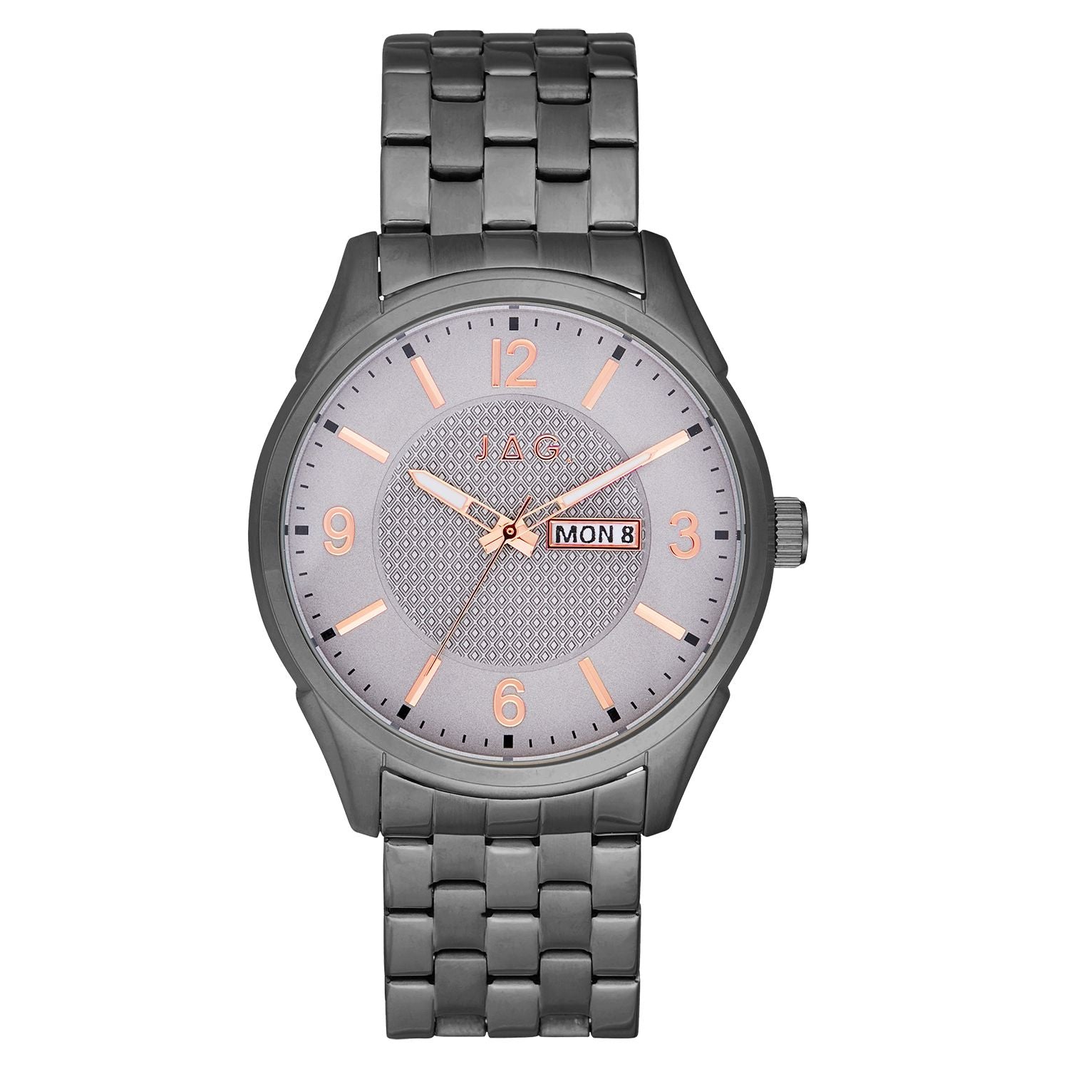 Gunmetal gray wristwatch with a textured dial and rose gold accents.