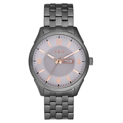 Gunmetal gray wristwatch with a textured dial and rose gold accents.