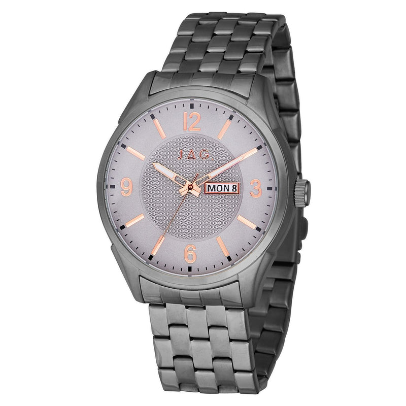 Gunmetal gray wristwatch with a silver dial and rose gold accents.