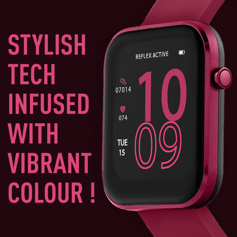 Vibrant pink smartwatch displaying time and date on a black screen.