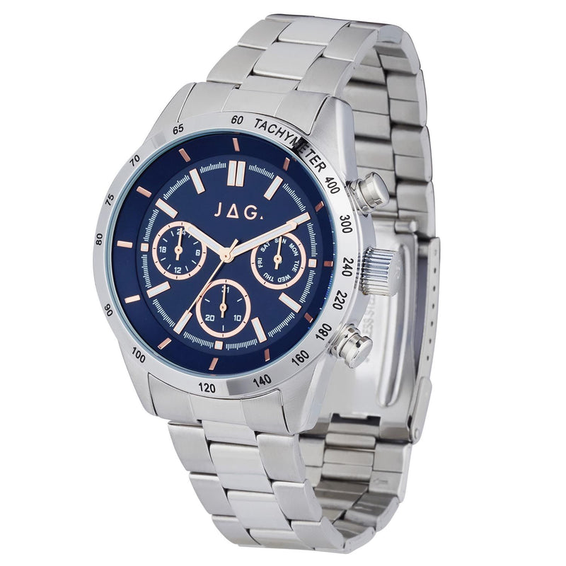 Stainless steel wristwatch with a blue dial and three chronograph subdials.