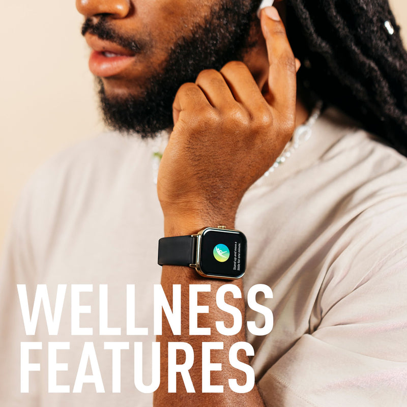 Smartwatch displaying wellness features worn on a person’s wrist.