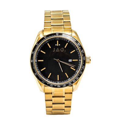 Gold-toned wristwatch with a black dial and metal bracelet.