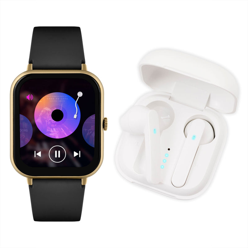 Reflex Active Series 23 Gold Case & Black Silicone Strap Ear Buds Bundle Watch RA23-2168-TWS