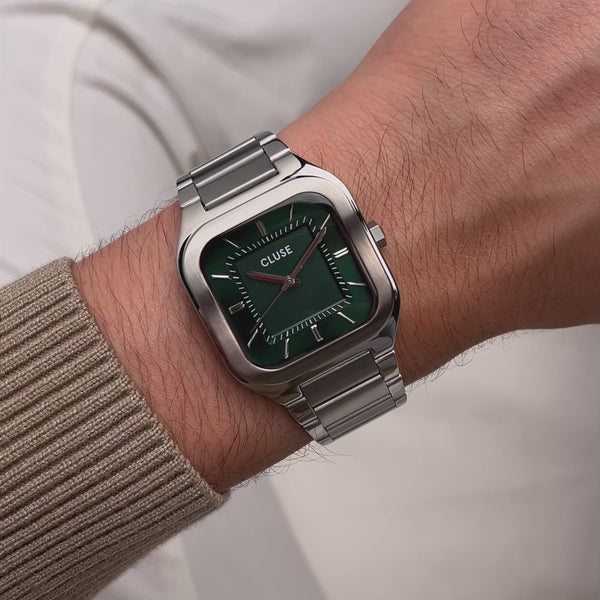 CLUSE Quadrus Square Green Dial Stainless Steel Link Watch CW25702