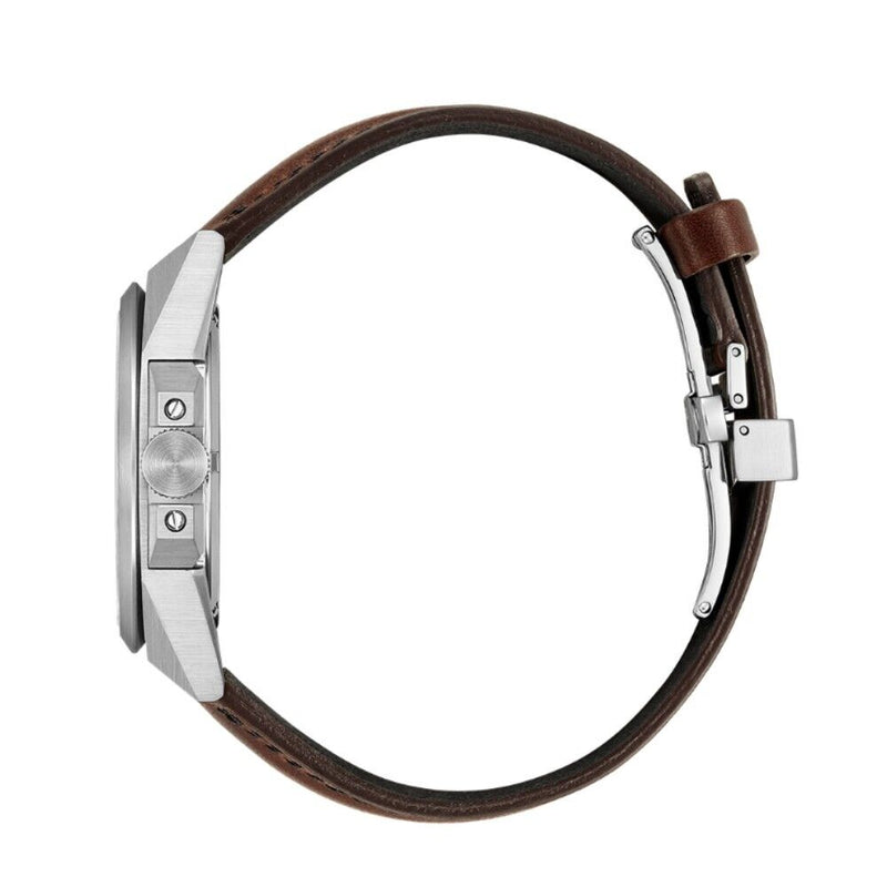 Wristwatch with a brown leather strap and silver-toned case.