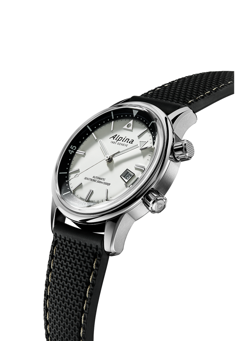 Wristwatch with a silver case, white dial, and black textured strap.