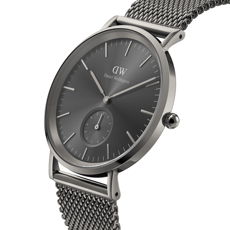 Sleek silver wristwatch with a dark gray face and mesh metal band.