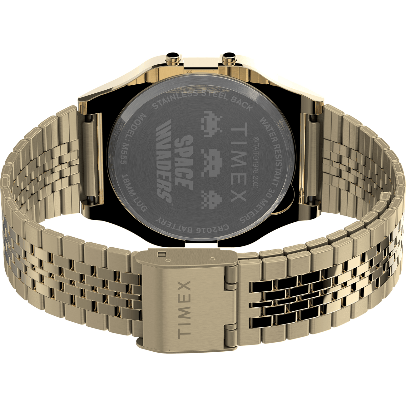 Gold-toned metal wristwatch with a detailed link bracelet and visible caseback.