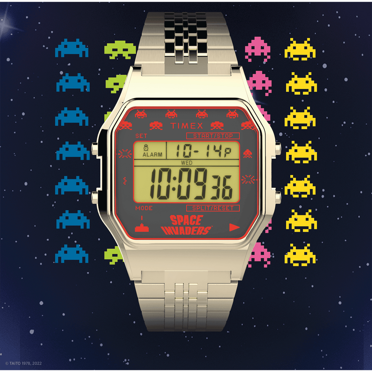 Retro-style digital wristwatch with Space Invaders-themed display and border graphics.