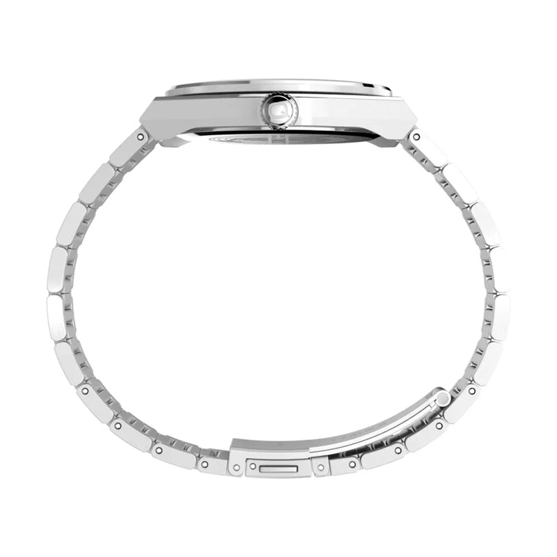 Side view of the Timex Continental GMT Watch with a 39mm stainless steel case and metal band, showcasing its sleek profile.
