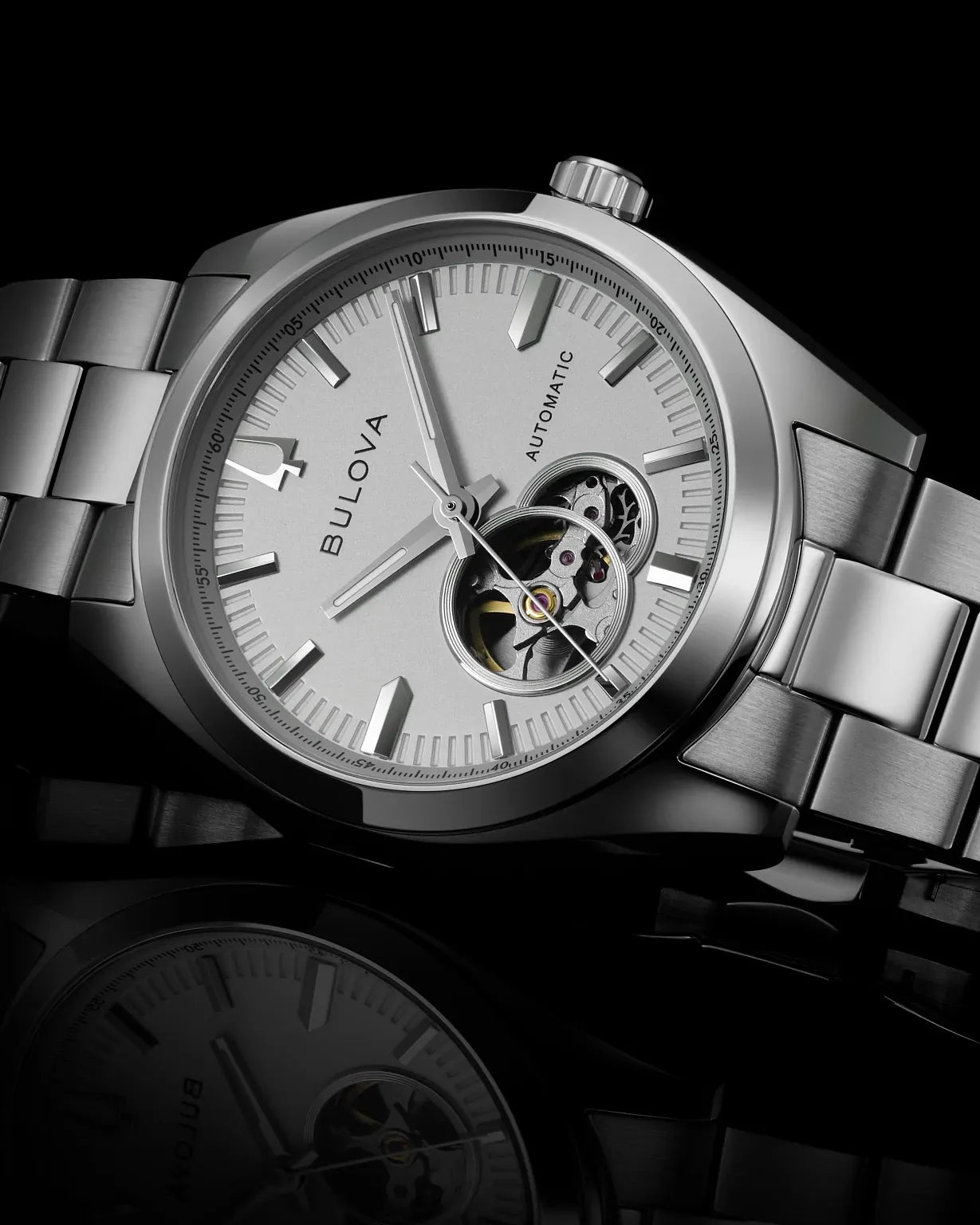 Bulova Surveyor 96A345 automatic men's watch with white dial and silver-tone stainless steel bracelet — strap detail