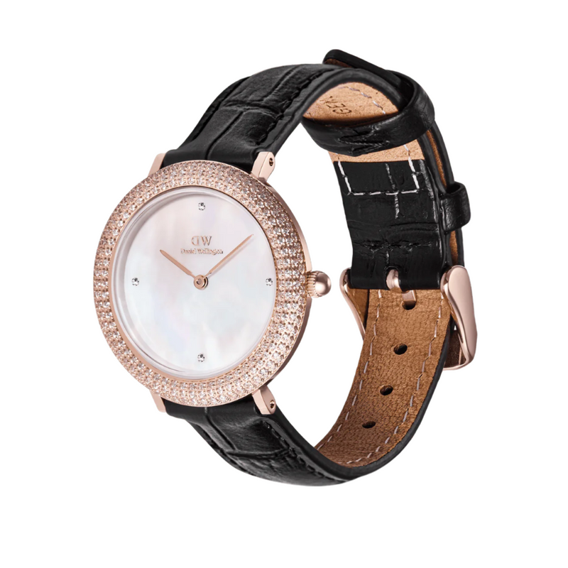Daniel Wellington Crystalline Bezel Black Croc Rose Gold White Dial Watch DW00100827