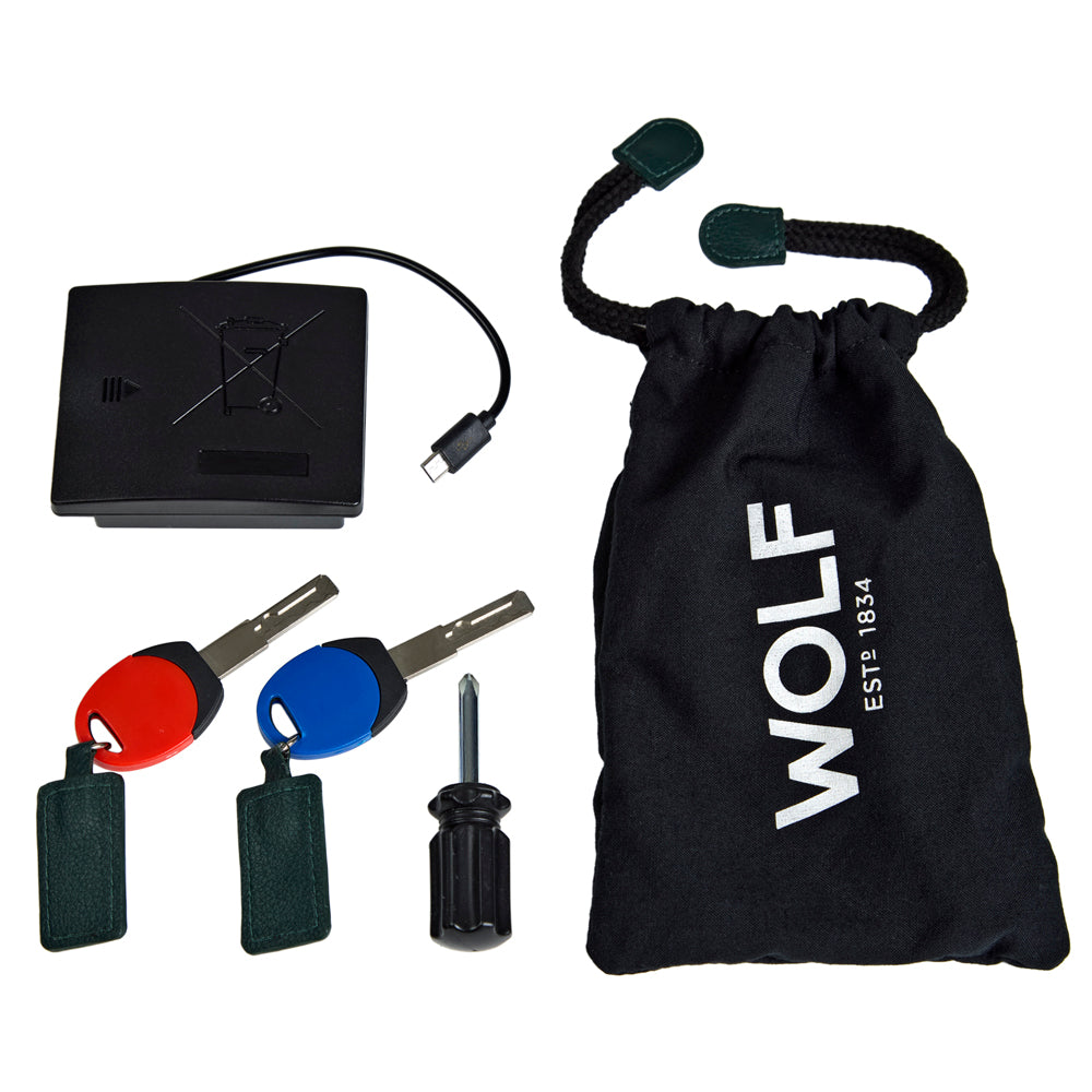 Wolf The Den 8 Piece Watch Winder Safe Green 430841 included power adapter keys and tools