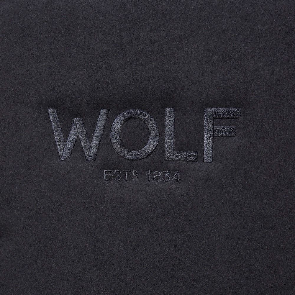 WOLF Athos 12 Piece Watch Winder Safe in Black, embossed WOLF logo on the ultrasuede lining
