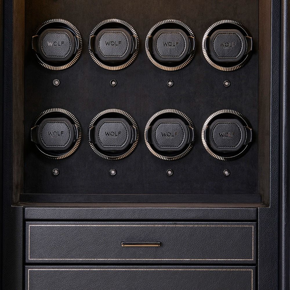 WOLF Athos 16 Piece Watch Winder Safe in Black, close-up of the watch winders and drawers