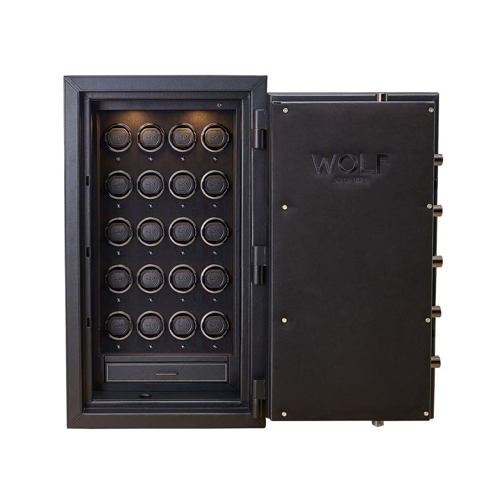 WOLF Athos 20 Piece Watch Winder Safe in Black, front view with the door open